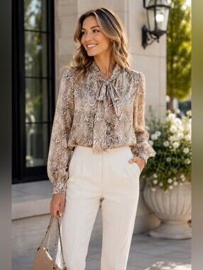 Bailey 44 Snake-Print Tie-Neck Blouse in Beige and Cream NWOT